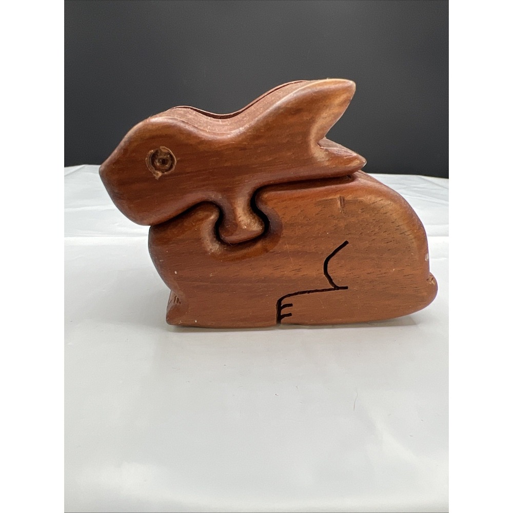 VTG Hand Carved Bunny Wood Wooden Slide Lid Puzzle Rabbit Trinket Ring Box
